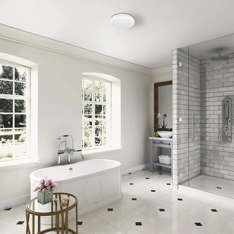 Modern bathroom with Saturn Decorative Bathroom Ventilation Exhaust Fan With Light 80 CFM installed on ceiling