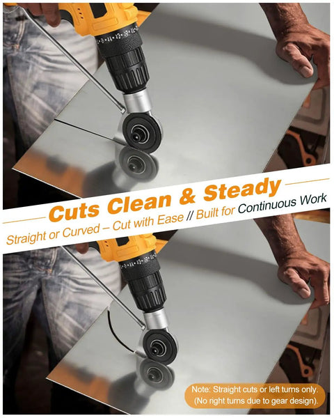 Upgraded Metal Cutter Drill Bit Attachment With Stabilizer Handle For Flat Sheet Iron Steel Copper Aluminum Nibbler Tool Heavy Duty Electric Power Screwdriver Bits Precision Cutting in action on metal sheet.