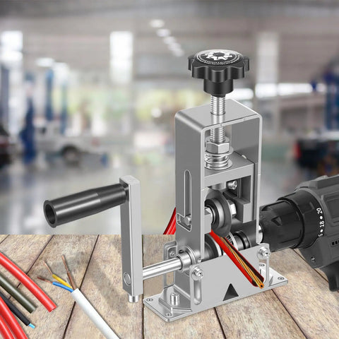 Heavy Duty Drill Powered Wire Stripper Machine For Copper Scrap Recycling And Electrical Work With Hand Crank Backup in use with drill.