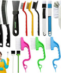 Grime Busting Crevice Cleaning Brush Set Multi Tool for cleaning tight grooves and window tracks, includes brushes and scrubbers.
