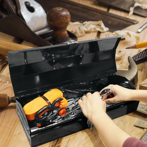 Must Have 15.5 Inch Plastic Storage Toolbox With Removable Tray And Adjustable Dividers for tools, black and yellow, open view