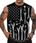 Mens Sleeveless Crew Neck Muscle Tank Top With A Fire Car Mechanic American Flag Print, showing tools design on black fabric.
