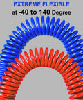 Two Pack Polyurethane Recoil Air Hose For Air Compressor 25 Feet Long With Bend Restrictor red and blue coils in arch