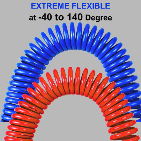Two Pack Polyurethane Recoil Air Hose For Air Compressor 25 Feet Long With Bend Restrictor red and blue coils in arch