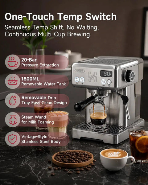 Next Level Home Barista Espresso Machine Rolling Out Barista Grade Shots With A Rock Solid 58 Mm Commercial Group Head And Fully Custom Temp Timers For Pulling Smooth Extracts All Day Long, showcasing 20-bar extraction and vintage-style stainless steel.