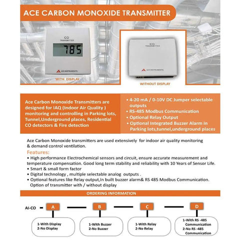 Image of ACE Carbon Monoxide Transmitter with and without display options, featuring system specifications and installation guidance.