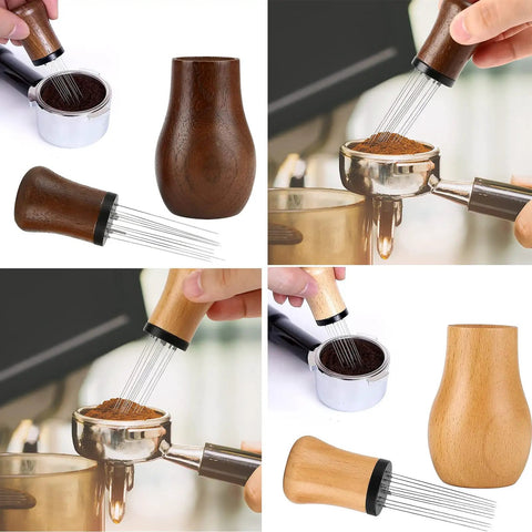 Espresso Coffee Stirrer Tamper And Leveler Tool with wooden handle and needle design for clump-free brewing.