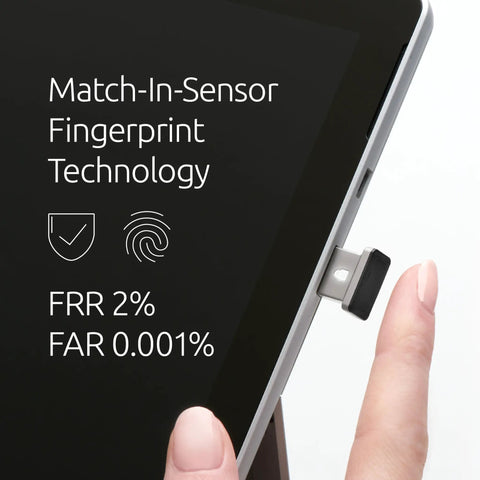 VeriMark Gen2 USB A Fingerprint Key Reader plugged into device with text on Match-In-Sensor fingerprint technology