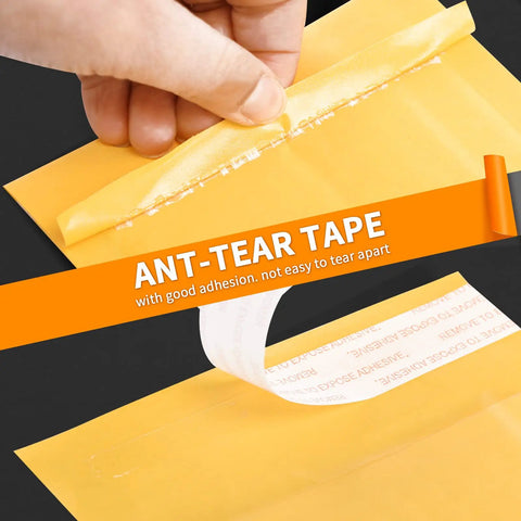 Close-up of Kraft Bubble Mailers 8.5x11 Inch Self Sealing Padded Envelopes Yellow Pack Of 50 showing tear-resistant adhesive tape.