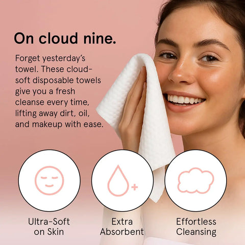 Woman cleansing face with Ultra Soft Disposable Face Towels For Travel Essentials On The Go Extra Large Wipes For Cleanse And Makeup Removal
