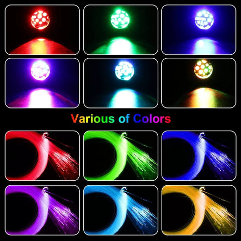 Lit Twinkle Fiber Optic Star Ceiling Kit With 16W RGBW Lights showcasing various color outputs and fiber optics.