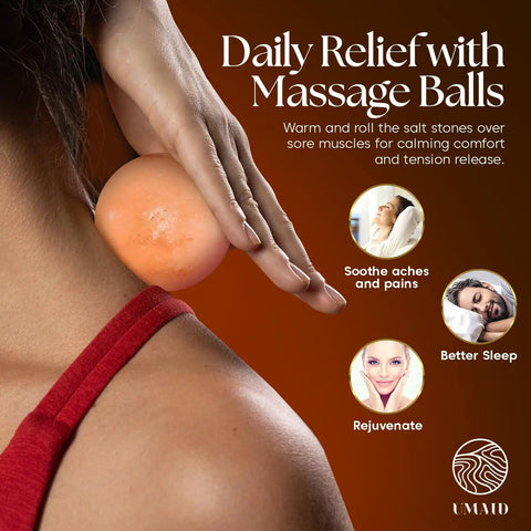 Cozy Himalayan Salt Lamp Bowl With Six Massage Balls shown massaging neck for tension relief