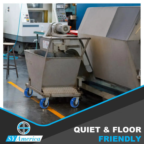 Hella Durable Heavy Duty 4 Inch Polyurethane Caster Wheel Set Of 4 With Secure Swiveling Brakes for a metal cart in a workshop.