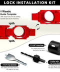 Plastic guide template and accessories from Essential Door Hinge Jig And Lock Installation Kit for precision lock installation.