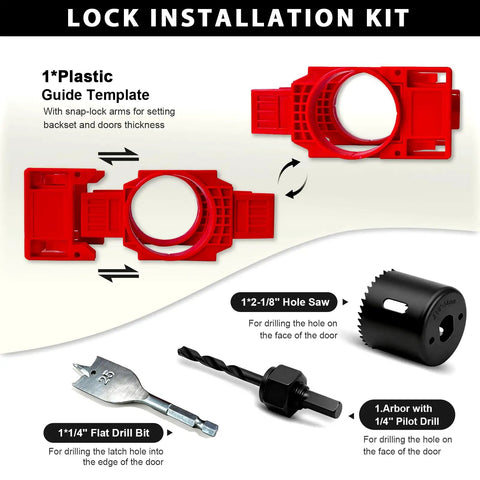 Plastic guide template and accessories from Essential Door Hinge Jig And Lock Installation Kit for precision lock installation.