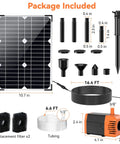 Package contents of 20W Solar Water Pump Kit With 320GPH Flow 7 Sprayers 16.4Ft Cable And 6.6Ft Tubing.