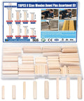 Fluted Wood Dowels Kit Pack Of 110 For Furniture Woodworking And DIY Projects displayed in plastic box, various diameters and lengths.