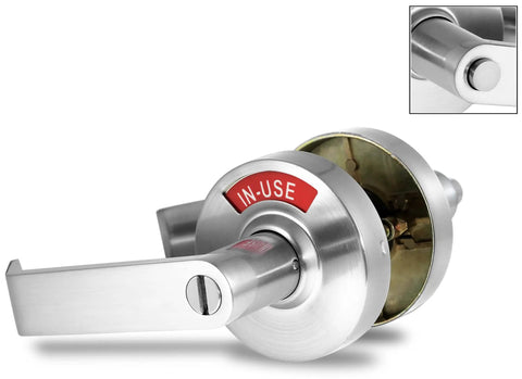 ADA Compliant Privacy Lock With One Touch Push Button Lever For Single Egress, Left Handed, Satin Chrome Finish, angled view