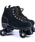 Pair of black suede quad roller skates with four wheels and lace-up design, not related to 4 Pieces Inline Skate Wheels 70mm.