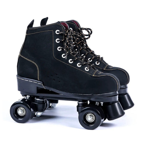 Pair of black suede quad roller skates with four wheels and lace-up design, not related to 4 Pieces Inline Skate Wheels 70mm.