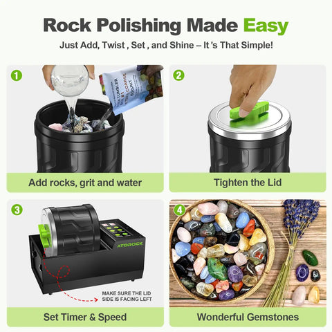Pro Grade Rock Tumbler Kit With 4 Pound Extra Large Barrel, Brushless Motor, Adjustable Speed And Timer steps