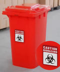 Heavy Duty Self Adhesive Biohazard Warning Decals Waterproof Toxic Waste Stickers Built Tough As Nails That Stick Like Crazy For Medical Labs Or Industrial Sites on a red biohazard waste bin.