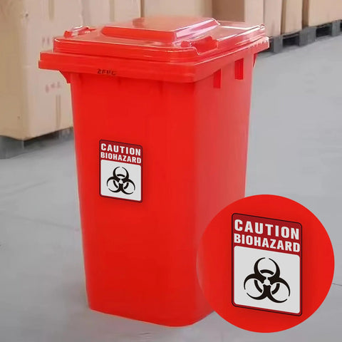 Heavy Duty Self Adhesive Biohazard Warning Decals Waterproof Toxic Waste Stickers Built Tough As Nails That Stick Like Crazy For Medical Labs Or Industrial Sites on a red biohazard waste bin.