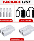 Package list of Two Pack 50 Amp Quick Connect Battery Cables For Anderson Style Ports with terminal pins, boot caps, and connectors.
