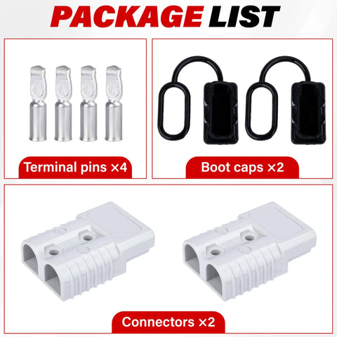 Package list of Two Pack 50 Amp Quick Connect Battery Cables For Anderson Style Ports with terminal pins, boot caps, and connectors.