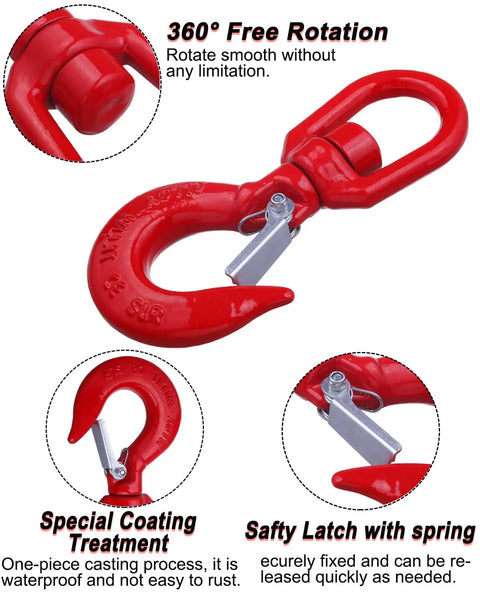1 Ton Swivel Lifting Hook With Safety Latch Industrial Grade Heavy Duty Alloy Steel One Piece Casting Heat Treated With Waterproof Galvanized Coating Corrosion Resistant For Rigging Hoisting, 360° swivel