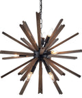 9 Light Sputnik Pendant Light Black With Natural Wood Shade Industrial Farmhouse Vibe Ceiling Fixture For Dining Room Living Room Kitchen Entryway And Bedroom