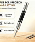 Kickass Five Inch Automatic Center Punch With Heavy Duty Rustproof Steel Body Adjustable Spring Tension And Two Extra Bits for precise marking.