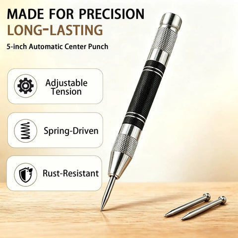 Kickass Five Inch Automatic Center Punch With Heavy Duty Rustproof Steel Body Adjustable Spring Tension And Two Extra Bits for precise marking.