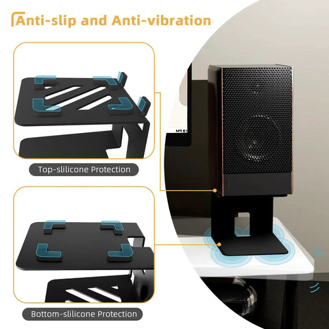 Desktop Speaker Stands With Vibration Absorption Pads For Studio Monitors Heavy Duty Metal Bookshelf Riser showcasing anti-slip features.