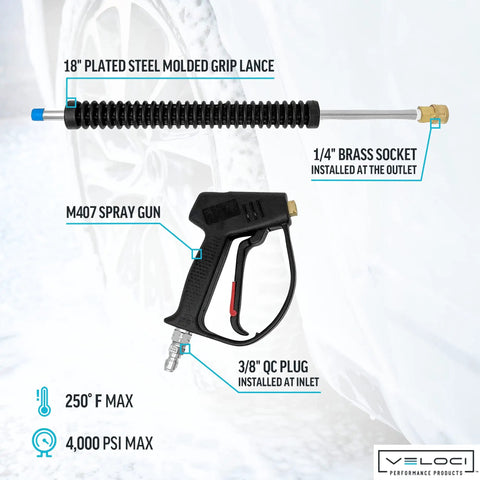 Trigger Gun And 18 Inch Wand Kit For Pressure Washer Commercial Grade M407 Spray Gun With 3/8 QC Plug Chrome Plated Molded Grip Lance