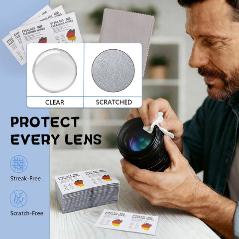 Giaceaw 500ct lens wipes for eyeglasses and screens; pre-moistened, individually wrapped; person cleaning camera lens.