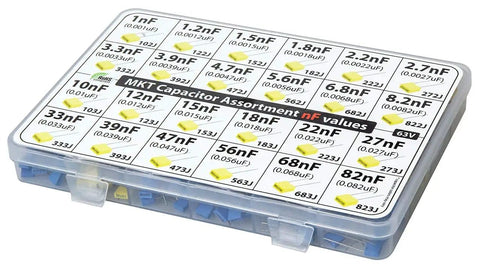 Polyester Box Capacitor Kit 350 Pcs Assorted 24 nF Values 63V Metallized Film Caps For DIYers And Makers labeled case