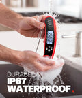Digital Meat Thermometer with Instant Read for Grilling and BBQ being washed under water, showcasing IP67 waterproof feature.