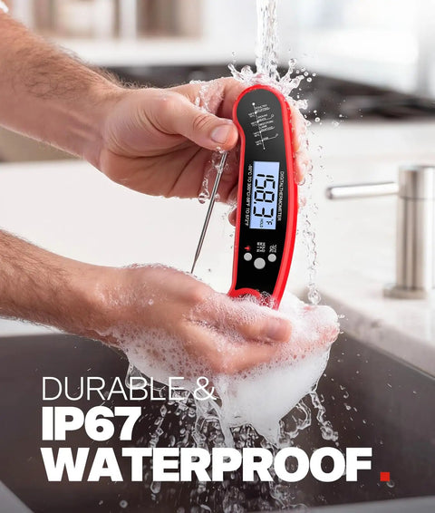 Digital Meat Thermometer with Instant Read for Grilling and BBQ being washed under water, showcasing IP67 waterproof feature.