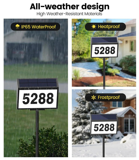 Solar Powered LED House Numbers For Outdoor Use With Weatherproof Black Address Sign Plaque in rain, sun, and snow.