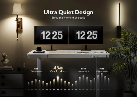 Glass Top Standing Desk With Drawers, 48x24 Inch Adjustable Sit-Stand Desk With Electric Height Lift and dual monitors