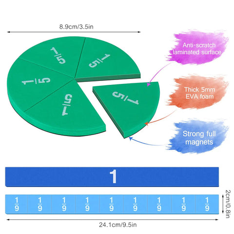 Green magnetic fraction circles and blue tiles from Magnetic Fraction Tiles And Circles Set For Preschool And Elementary Math 102 Piece.
