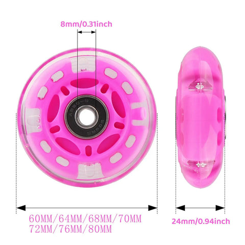 Light Up Inline Skate Wheels Set 60mm 64mm 68mm 70mm 72mm 76mm 80mm Pink LED Glow with ABEC7 Bearings 85A shown side by side