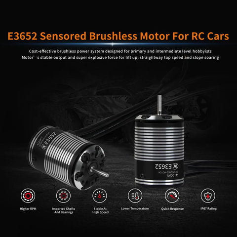 E3652 Sensored Brushless RC Motor display with features and benefits highlighted