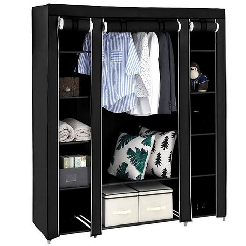 69 Inch Portable Clothes Closet With Industrial Strength Steel Frame And Thick Nonwoven Fabric Cover showing clothes and shelves.