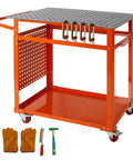 Beefy 36 By 24 Inch Heavy Duty Welding Table With 5 Eighths Inch Fixture Holes And 1200 Lb Capacity Movable Welding Workbench On Wheels For Shop Or Garage Underneath Storage Panel For Quick Access, shown with tools and gloves