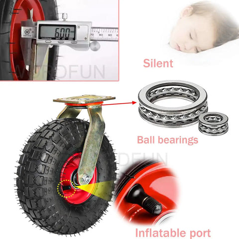 Heavy Duty Rubber Caster With 450 Pounds Load Capacity For Industrial Jobs Featuring Hella Smooth Shock Absorbing Inflatable Wheels and Brake Equipped Swivel Castors That Glide Like A Champ With Kickass Durability, showcasing a 6-inch pneumatic wheel with ball bearings.