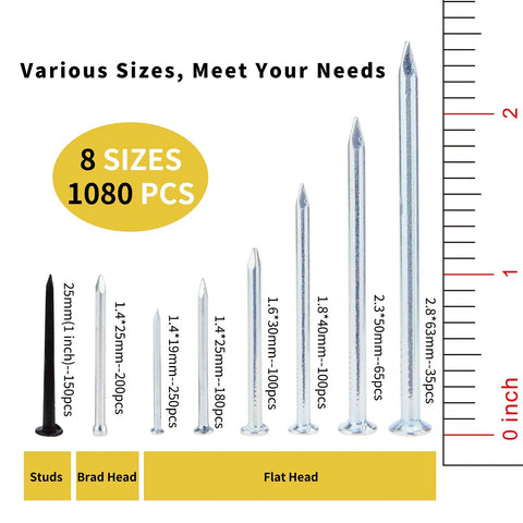 1080 Piece Nail Assortment Kit With 7 Common Sizes Carbon Steel Zinc Plated Finishing Nails Wall Nails Picture Nails Display