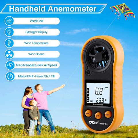 Handheld Wind Speed Meter Anemometer For Windsurfing Fishing Hunting And More Pro Grade Accurate Wind Gauge With Wind Chill And Temperature Readout 12 Beaufort Levels Celsius Fahrenheit Switch Max Min, orange LCD display