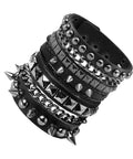 Badass 3 Piece Punk Gothic Leather Bracelet Set With Vintage Steampunk Spikes And Rivets Wide Adjustable Cuff Wristbands For Men And Women Daily Wear Gear stacked leather wristbands with spikes and rivets